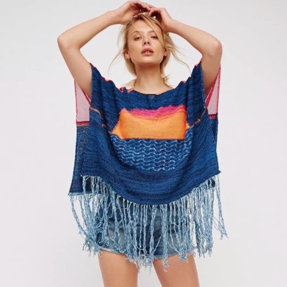 Women Free People Sunset Fringe Sweater Blue Combo